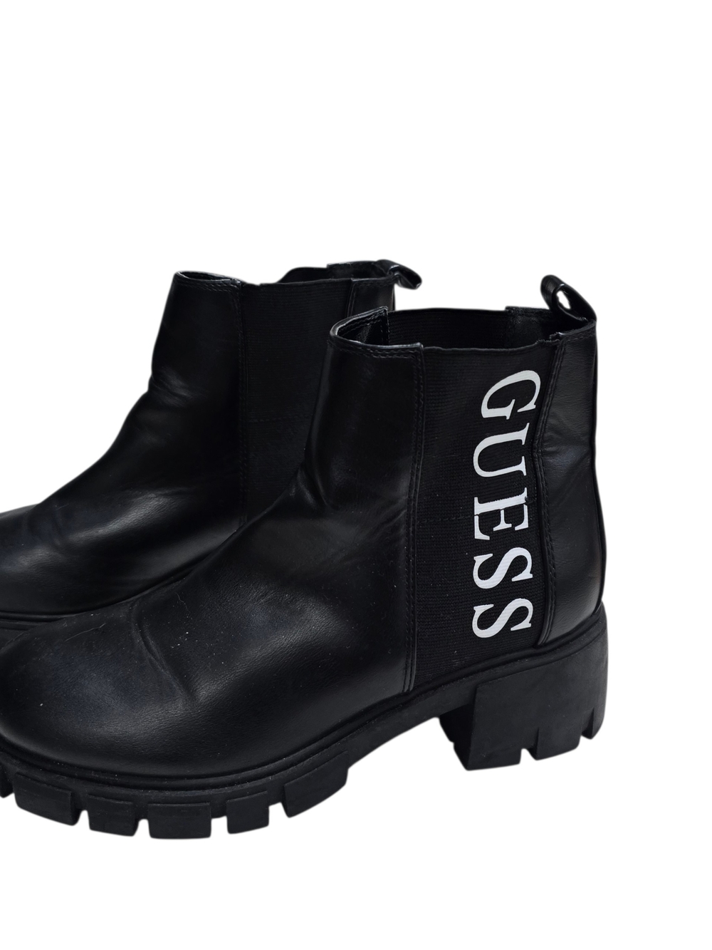 GUESS Evolved Black Lug Combat Boots Booties Pull On Logo Women’s Sz 8